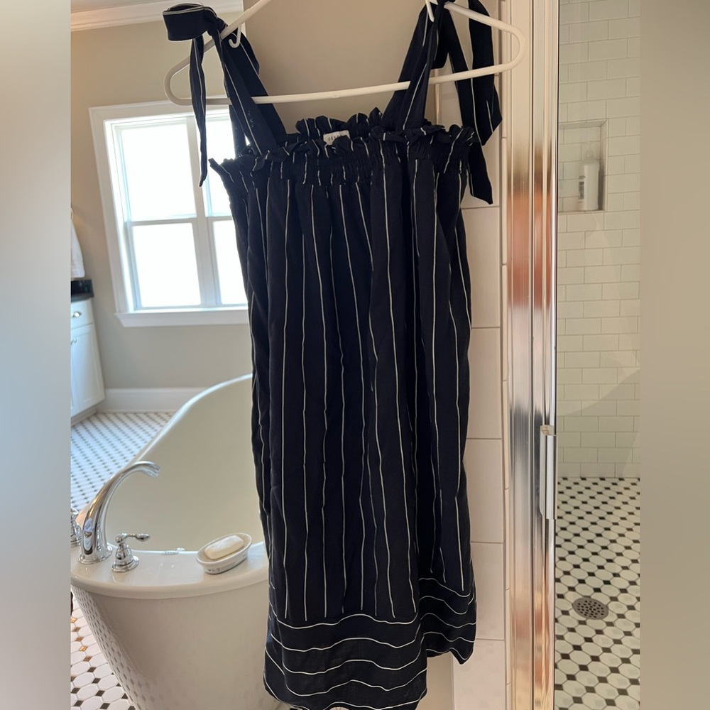 Tie Top Dress, size S, navy with white pin stripe